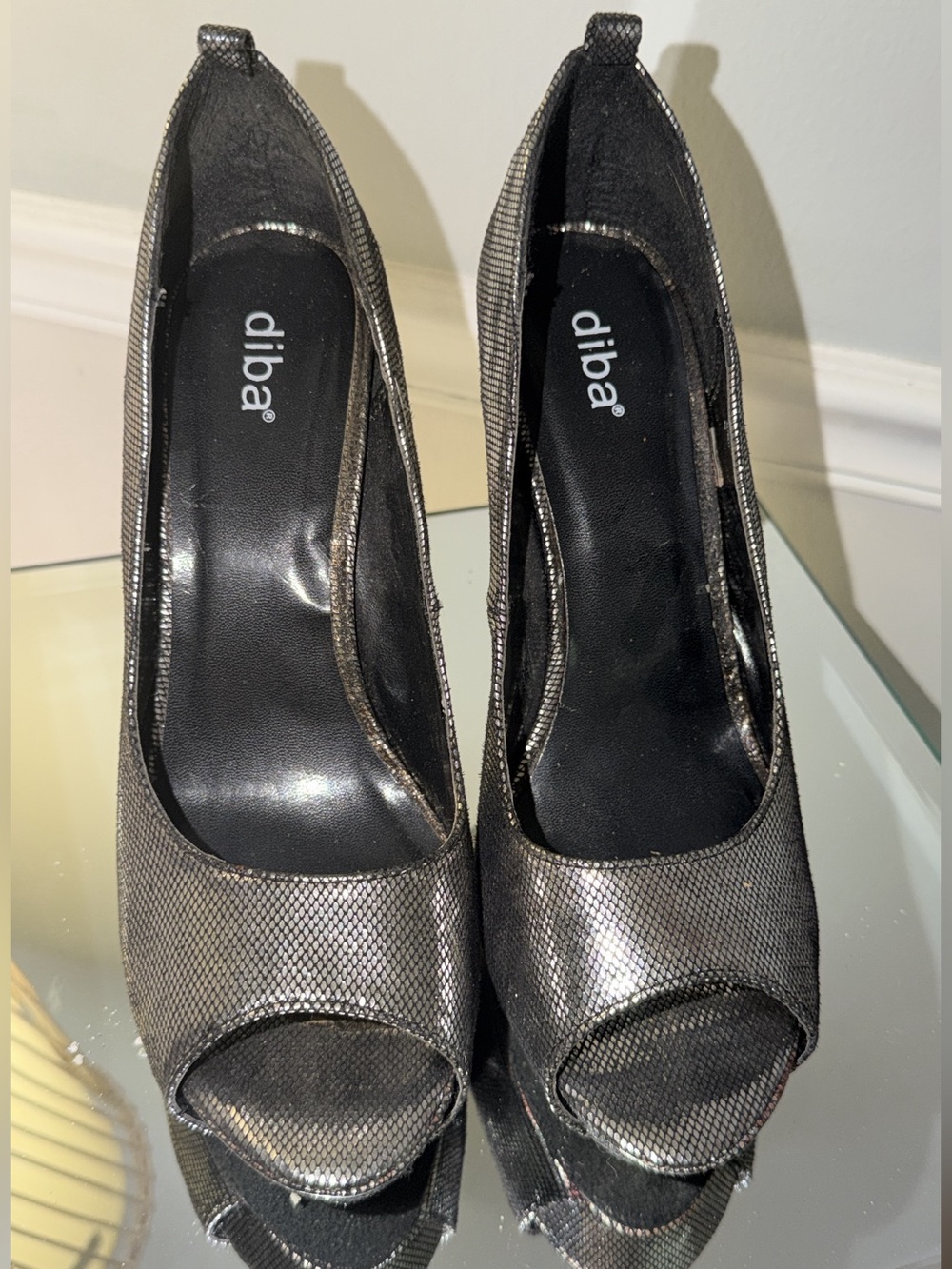 Diba Metallic Gunmetal Peep-Toe Heels